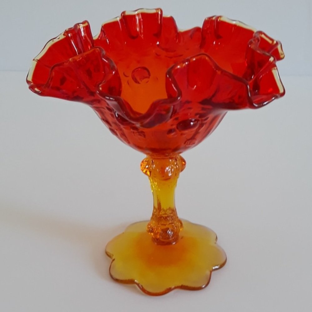Vintage Amberina Glass Ruffled Compote Candy Dish Pedestal Bowl